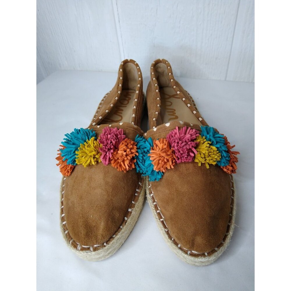 Sam Edelman Issa Women's 9.5 Suede Multicolor Pom Pom Espadrilles Saddle Brown - Picture 2 of 9